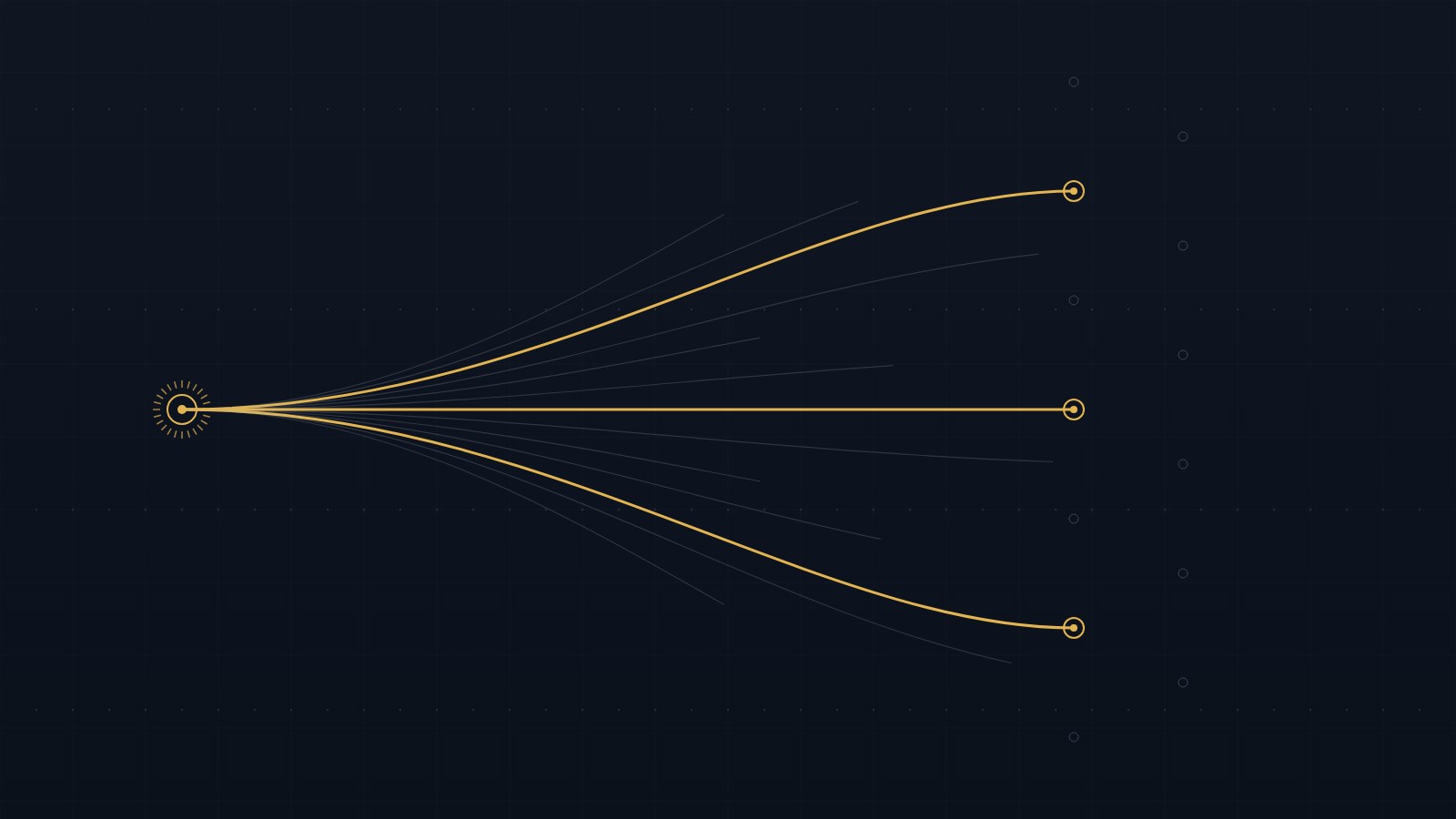 Abstract illustration in slate and gold: faint search paths across a grid, with a few gold lines reaching ringed nodes and most paths fading out before they arrive